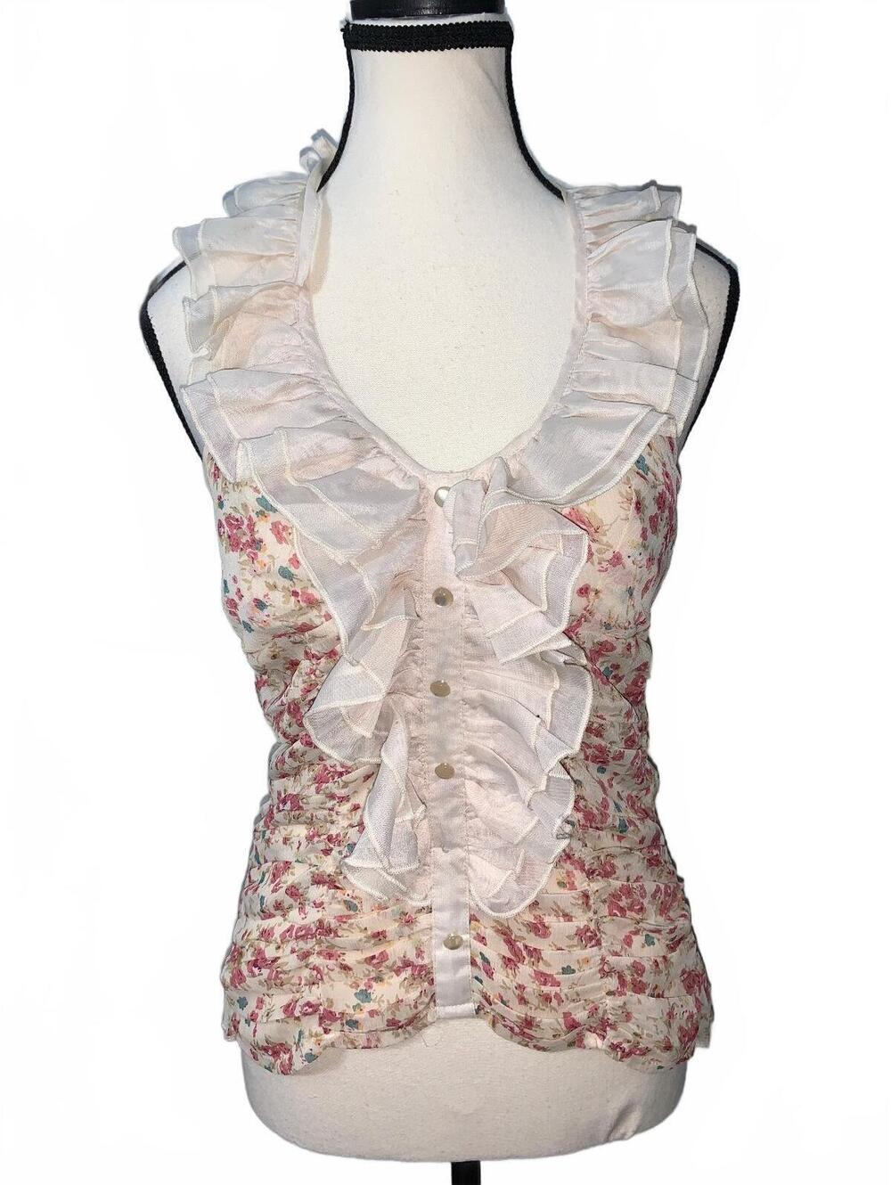 Jaja & Co Women's Small Floral Ruffle Button-Up Sleeveless Blouse Top